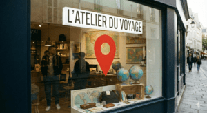 alt="Devanture du magasin physique 'L'Atelier du Voyage' avec une grande épingle de localisation rouge sur la vitrine, symbolisant la visibilité sur Google Maps.