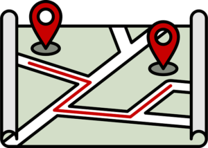 vue-ensemble-ville-carte montrant itinéraire GPS avec directions et repères de localisation